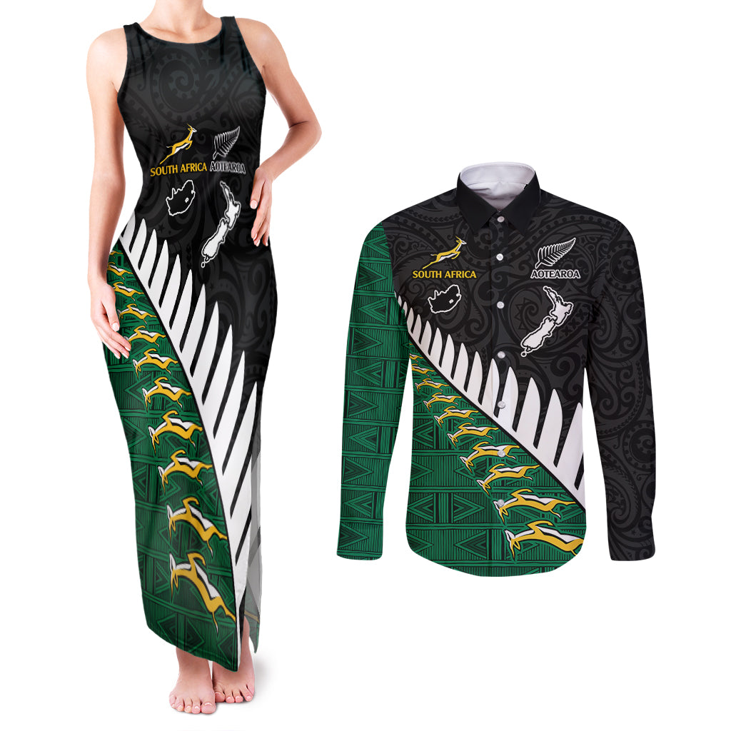 South Africa and Aotearoa Rugby Couples Matching Tank Maxi Dress and Long Sleeve Button Shirts Springboks Black Fern Maori Vibe LT9 - Wonder Print Shop