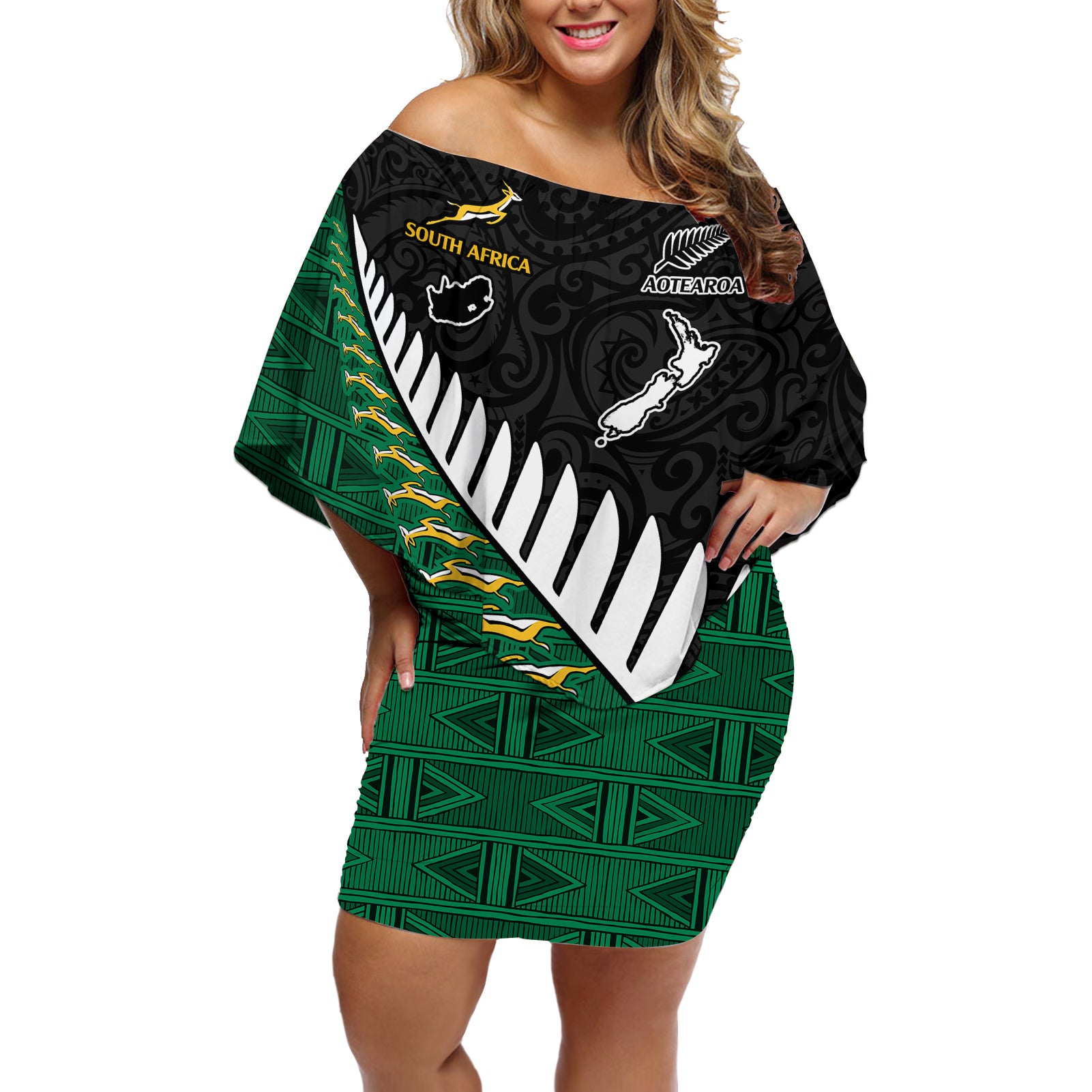 South Africa and Aotearoa Rugby Off Shoulder Short Dress Springboks Black Fern Maori Vibe - Wonder Print Shop