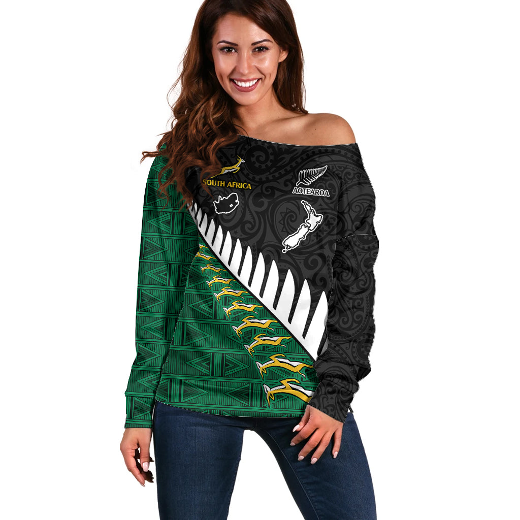 South Africa and Aotearoa Rugby Off Shoulder Sweater Springboks Black Fern Maori Vibe - Wonder Print Shop