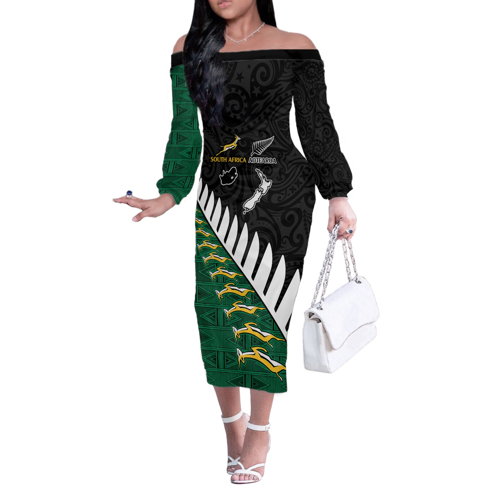 South Africa and Aotearoa Rugby Off The Shoulder Long Sleeve Dress Springboks Black Fern Maori Vibe - Wonder Print Shop