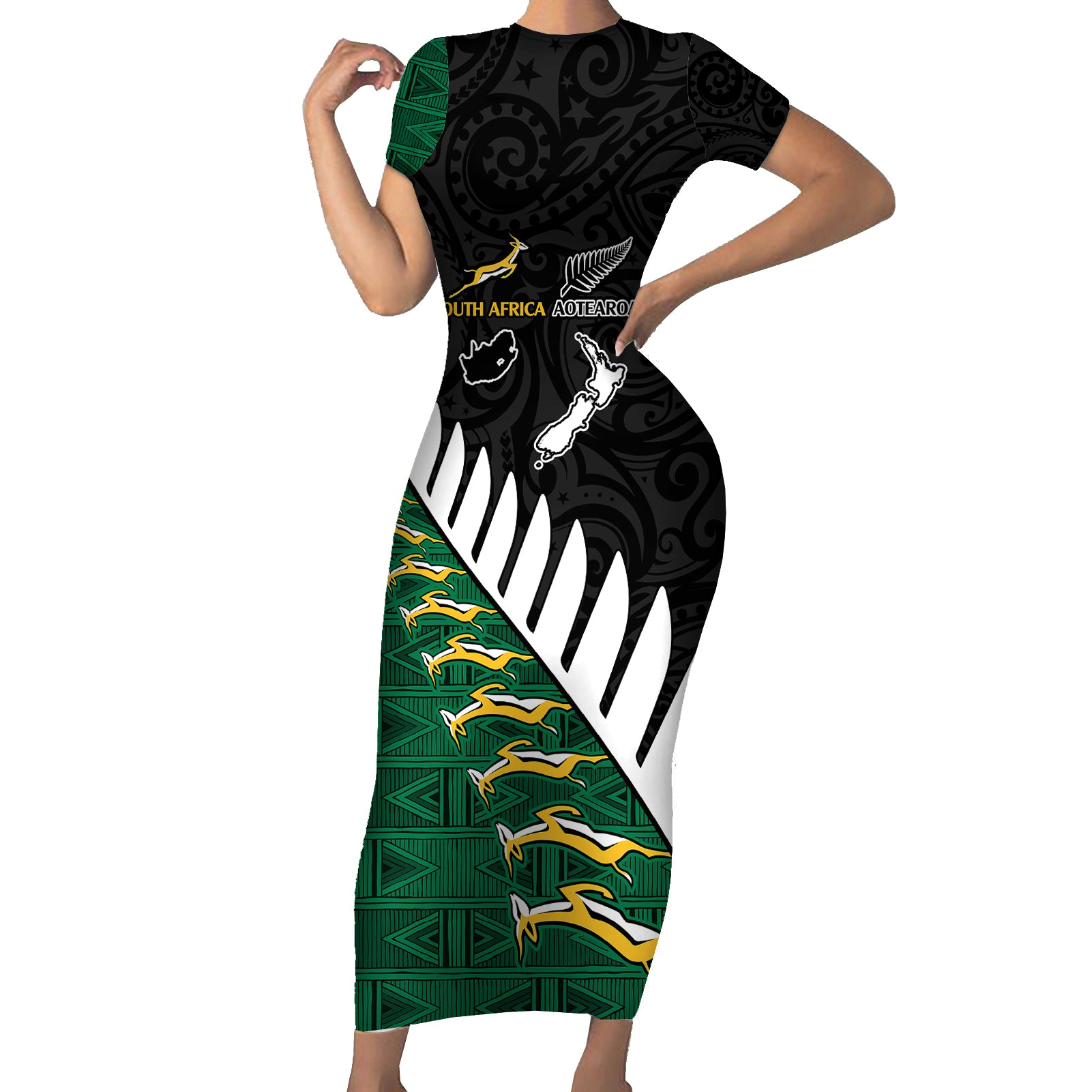 South Africa and Aotearoa Rugby Short Sleeve Bodycon Dress Springboks Black Fern Maori Vibe - Wonder Print Shop