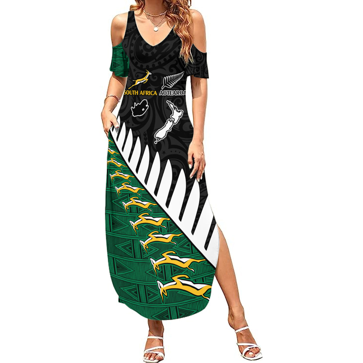 South Africa and Aotearoa Rugby Summer Maxi Dress Springboks Black Fern Maori Vibe - Wonder Print Shop