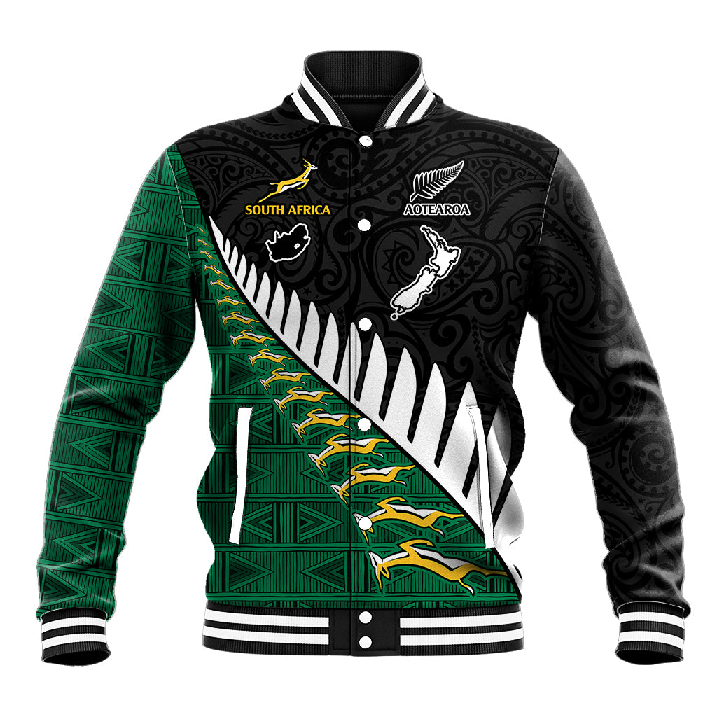 Unisex black and green rugby baseball jacket with white diagonal trim and crest graphics