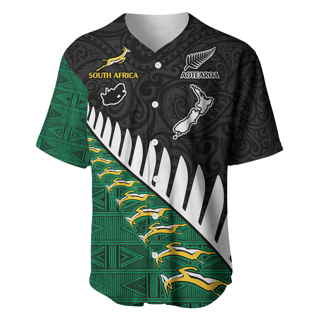 Black and green baseball rugby jersey with diagonal white stripe and animal crest graphics