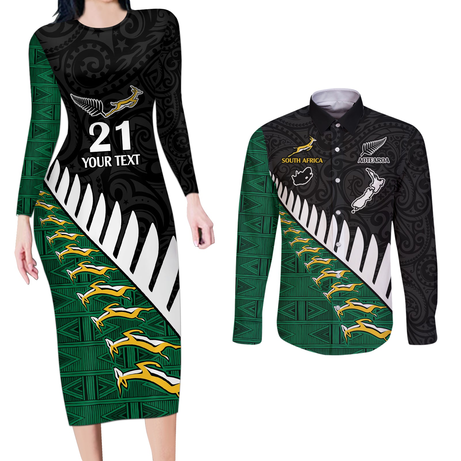 Custom South Africa and Aotearoa Rugby Couples Matching Long Sleeve Bodycon Dress and Long Sleeve Button Shirts Springboks Black Fern Maori Vibe LT9 - Wonder Print Shop