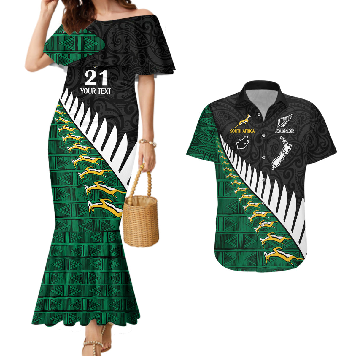 Custom South Africa and Aotearoa Rugby Couples Matching Mermaid Dress And Hawaiian Shirt Springboks Black Fern Maori Vibe LT9 - Wonder Print Shop