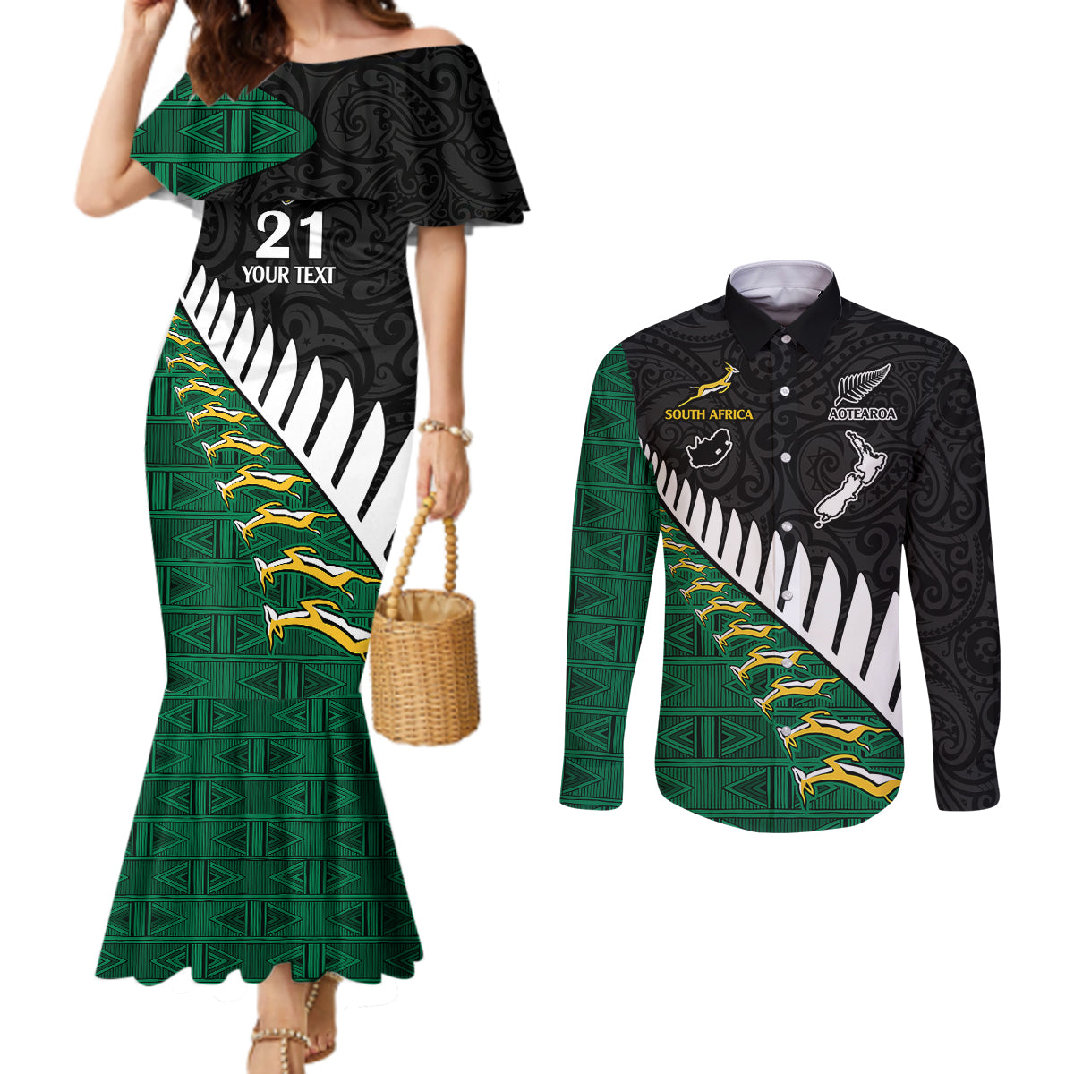 custom-south-africa-and-aotearoa-rugby-couples-matching-mermaid-dress-and-long-sleeve-button-shirts-springboks-black-fern-maori-vibe