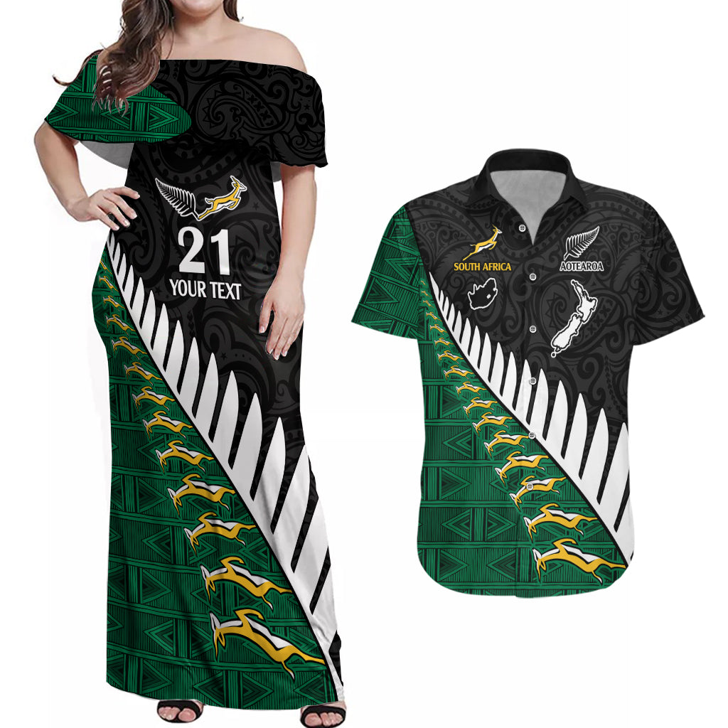 Custom South Africa and Aotearoa Rugby Couples Matching Off Shoulder Maxi Dress and Hawaiian Shirt Springboks Black Fern Maori Vibe LT9 - Wonder Print Shop