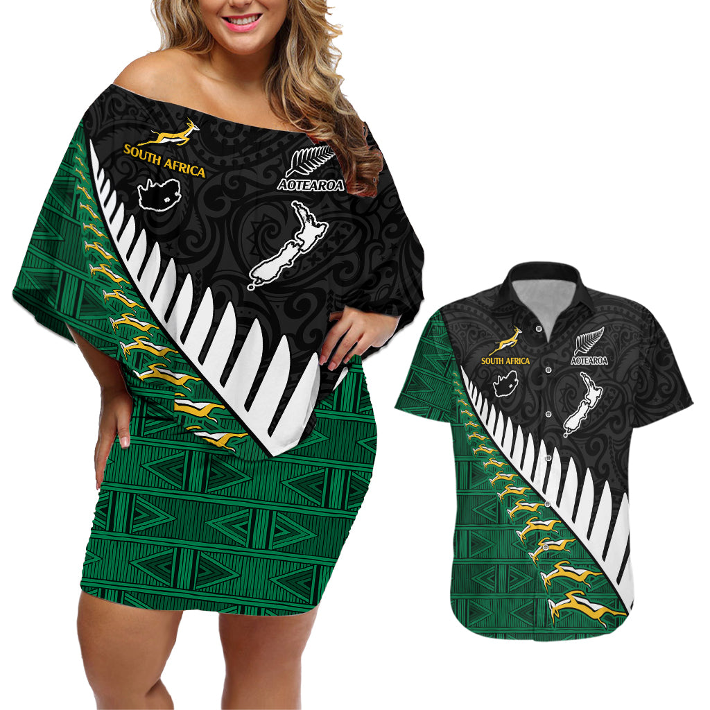 Custom South Africa and Aotearoa Rugby Couples Matching Off Shoulder Short Dress and Hawaiian Shirt Springboks Black Fern Maori Vibe LT9 - Wonder Print Shop