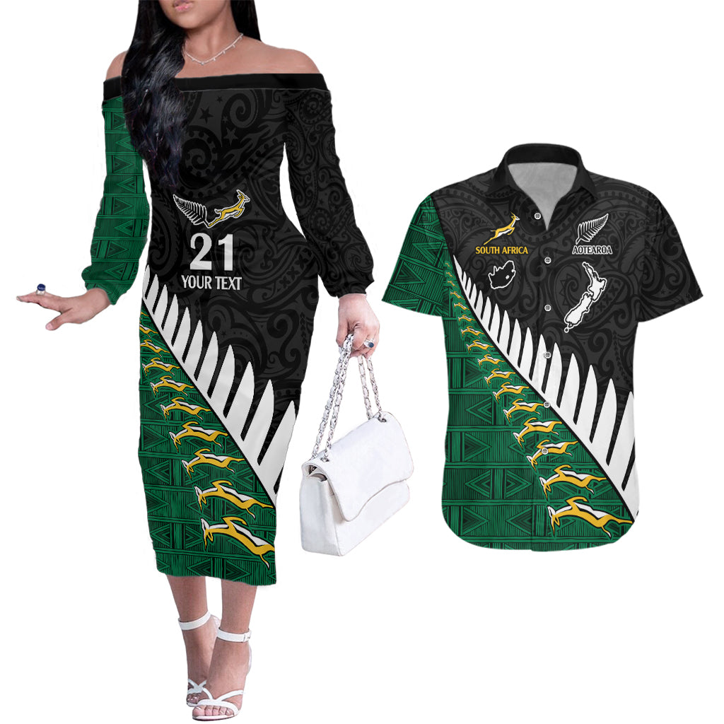 Custom South Africa and Aotearoa Rugby Couples Matching Off The Shoulder Long Sleeve Dress and Hawaiian Shirt Springboks Black Fern Maori Vibe LT9 - Wonder Print Shop