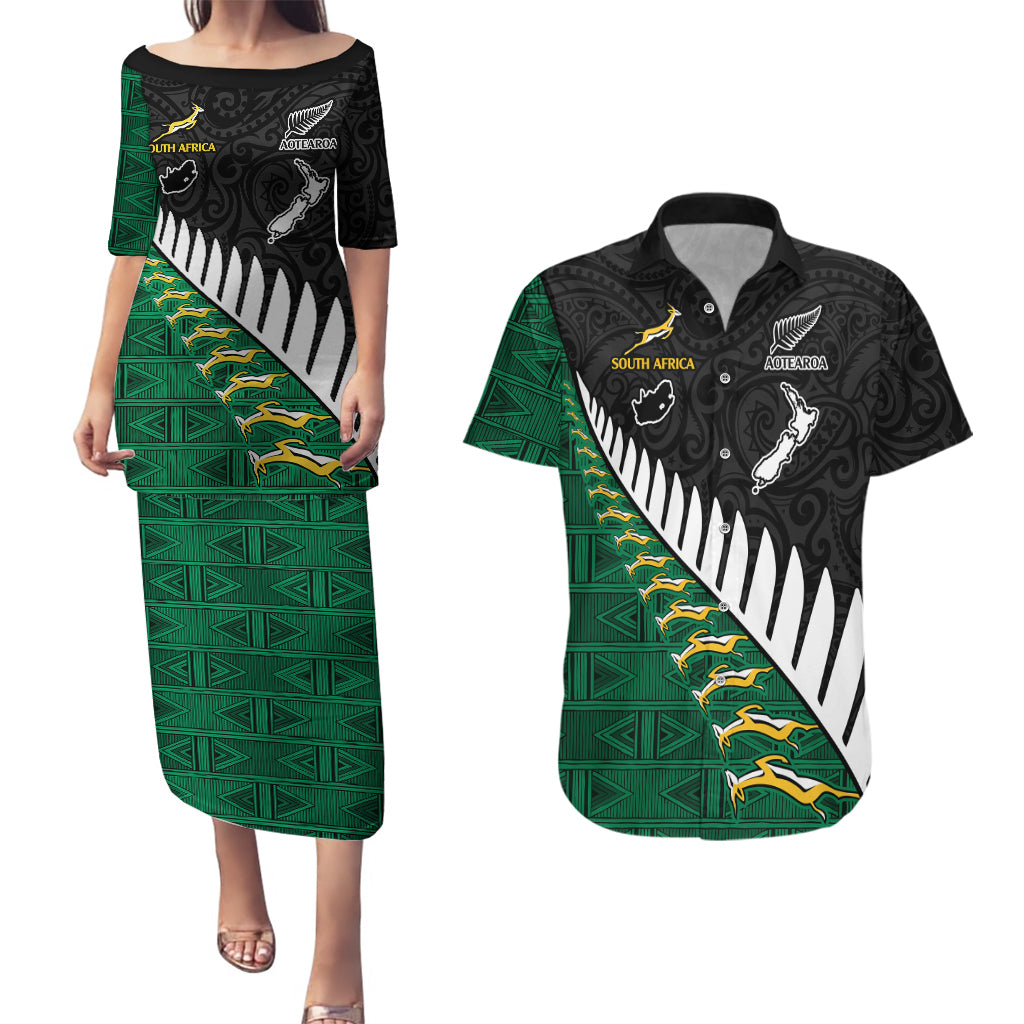 Custom South Africa and Aotearoa Rugby Couples Matching Puletasi Dress and Hawaiian Shirt Springboks Black Fern Maori Vibe LT9 - Wonder Print Shop