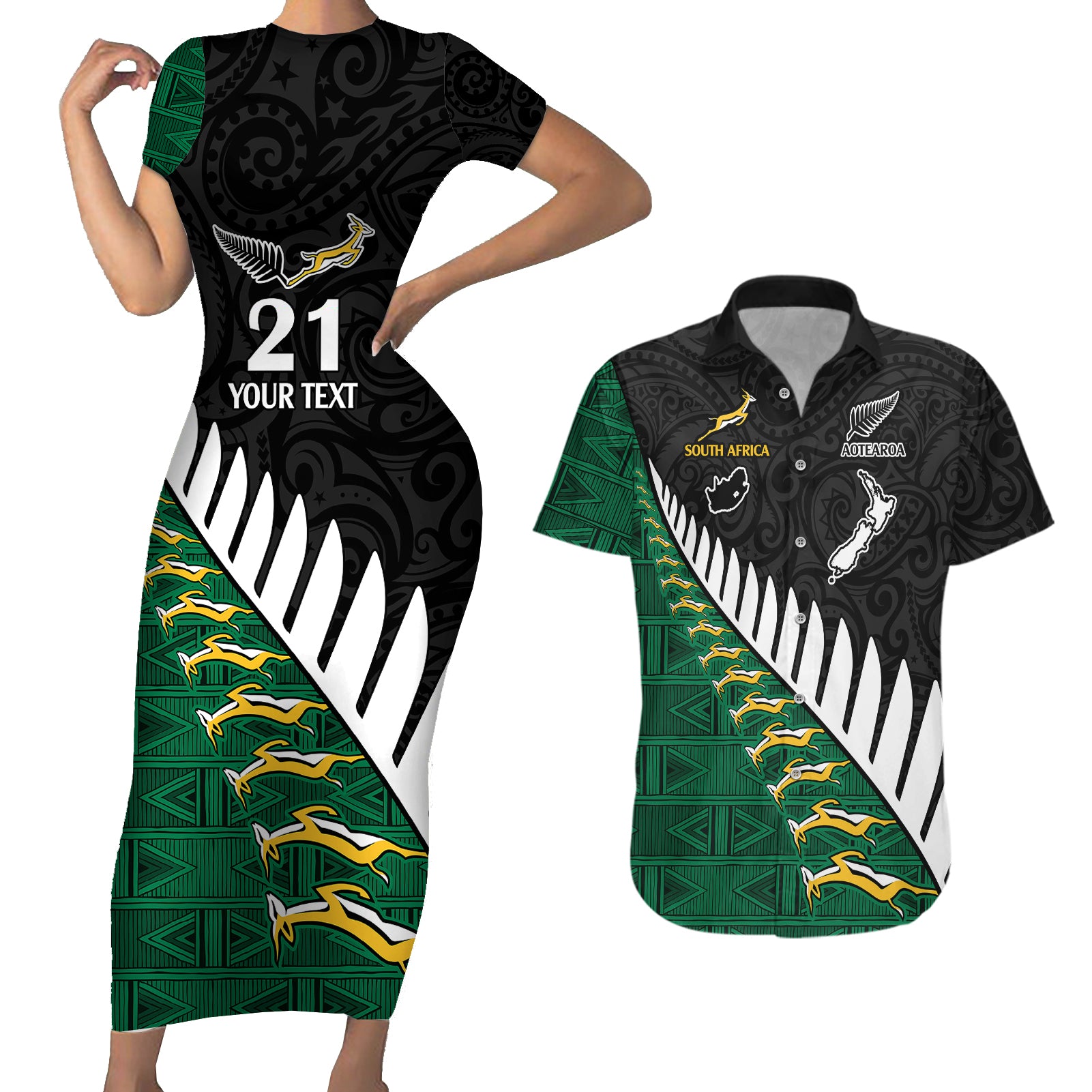 Custom South Africa and Aotearoa Rugby Couples Matching Short Sleeve Bodycon Dress and Hawaiian Shirt Springboks Black Fern Maori Vibe LT9 - Wonder Print Shop