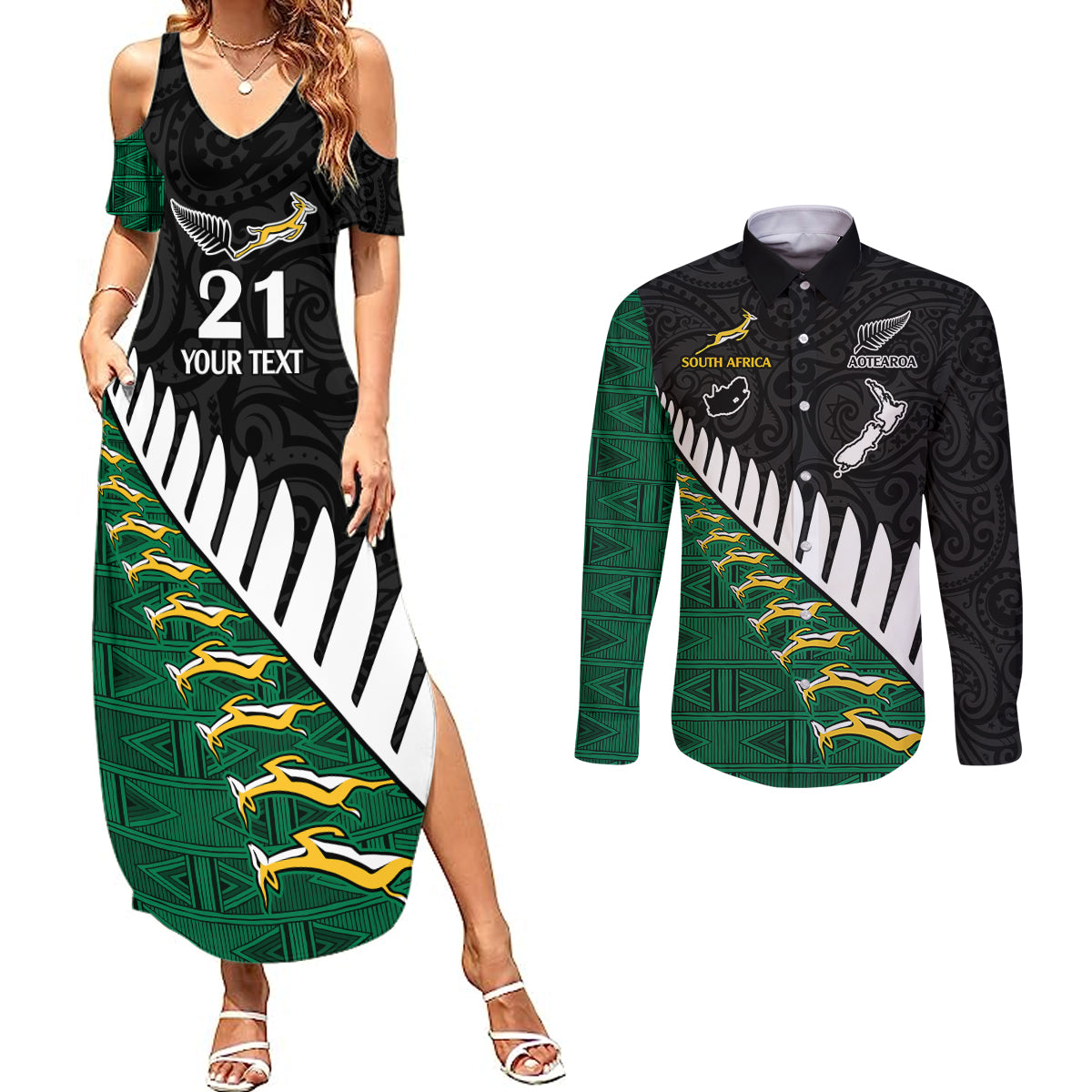 Custom South Africa and Aotearoa Rugby Couples Matching Summer Maxi Dress and Long Sleeve Button Shirts Springboks Black Fern Maori Vibe LT9 - Wonder Print Shop