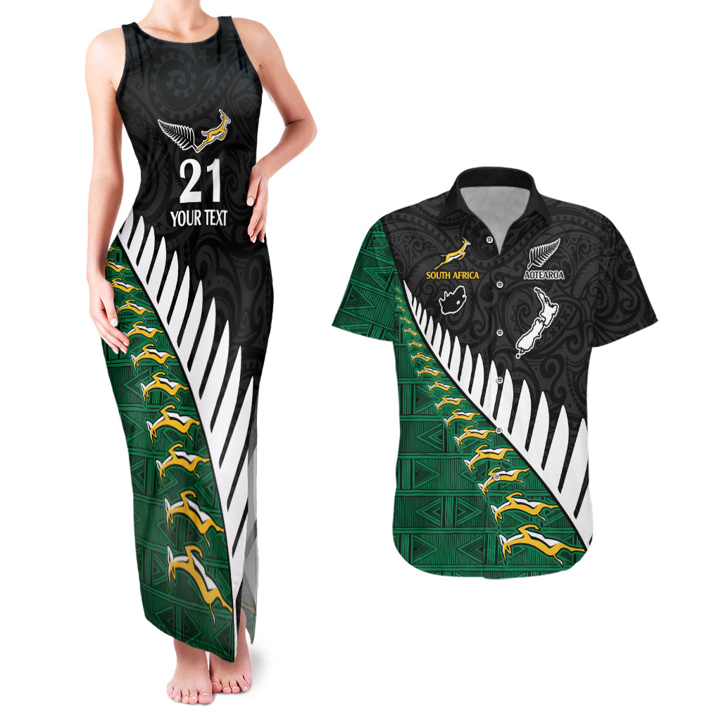 Custom South Africa and Aotearoa Rugby Couples Matching Tank Maxi Dress And Hawaiian Shirt Springboks Black Fern Maori Vibe LT9 - Wonder Print Shop