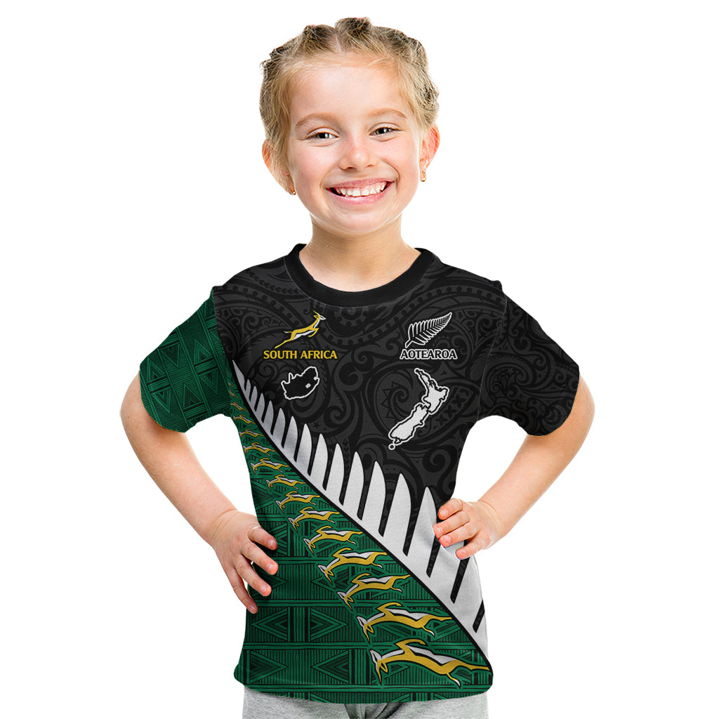 Custom South Africa and Aotearoa Rugby Kid T Shirt Springboks Black Fern Maori Vibe - Wonder Print Shop