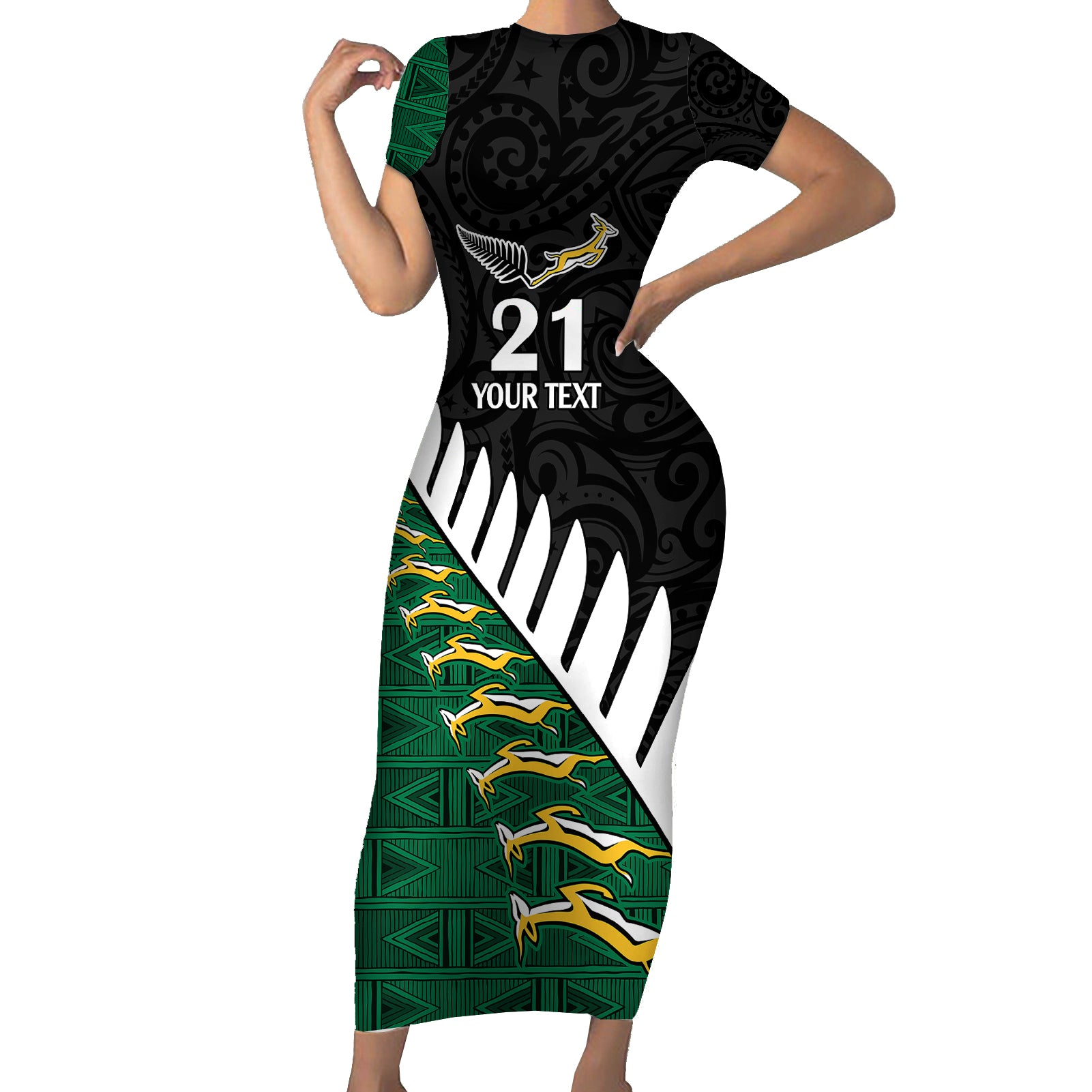 Custom South Africa and Aotearoa Rugby Short Sleeve Bodycon Dress Springboks Black Fern Maori Vibe - Wonder Print Shop