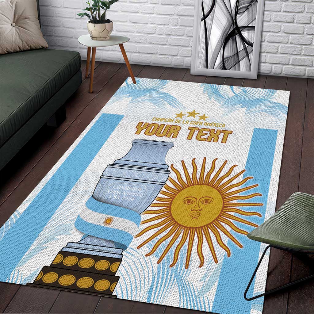 Blue and white floor rug with sun illustration and “YOUR TEXT” in gold