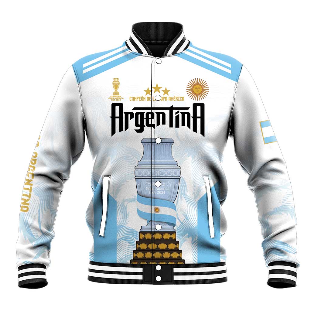 White varsity baseball jacket with Argentina crest graphic and blue stripe accents