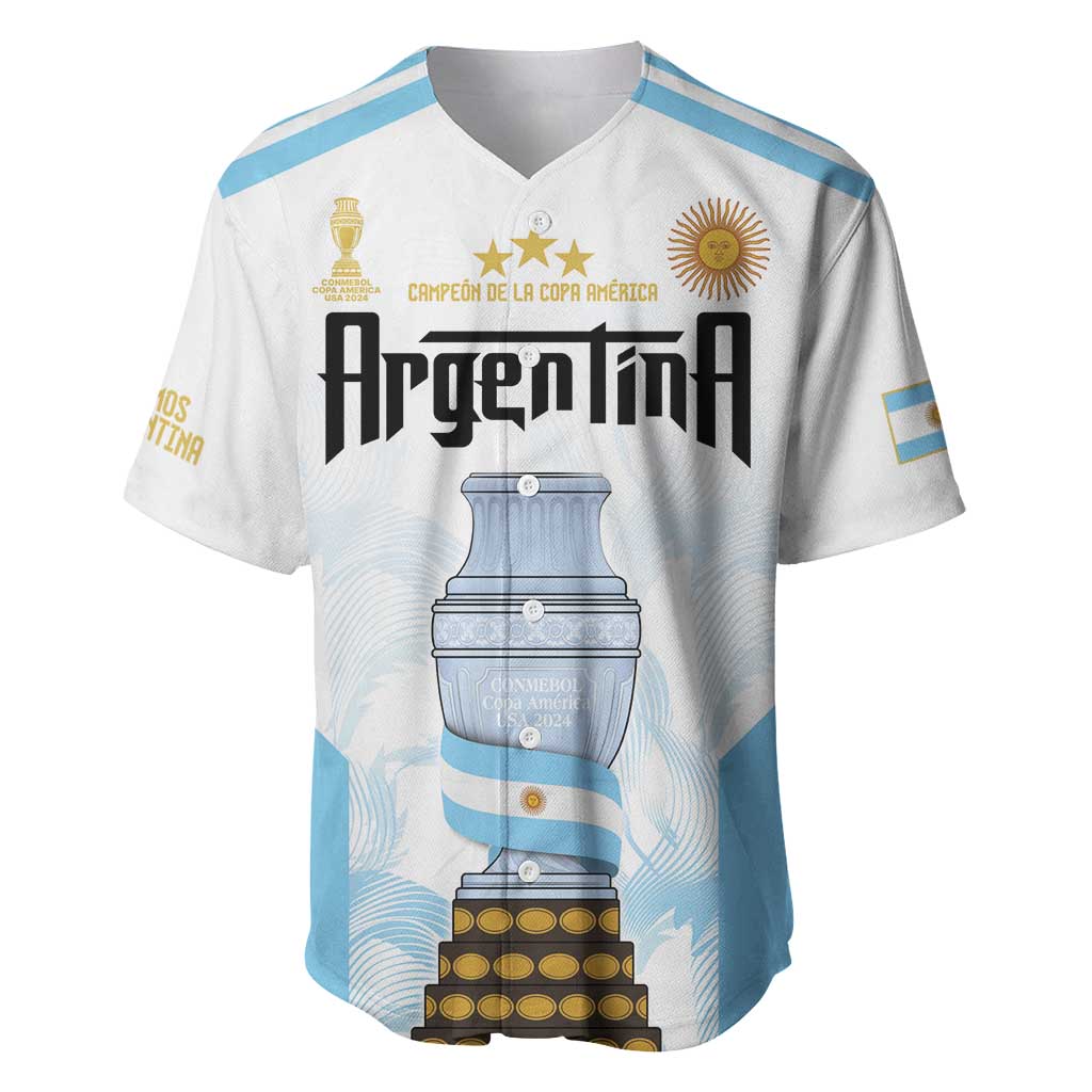 Argentina custom baseball jersey, white V-neck with light-blue trim and trophy graphic