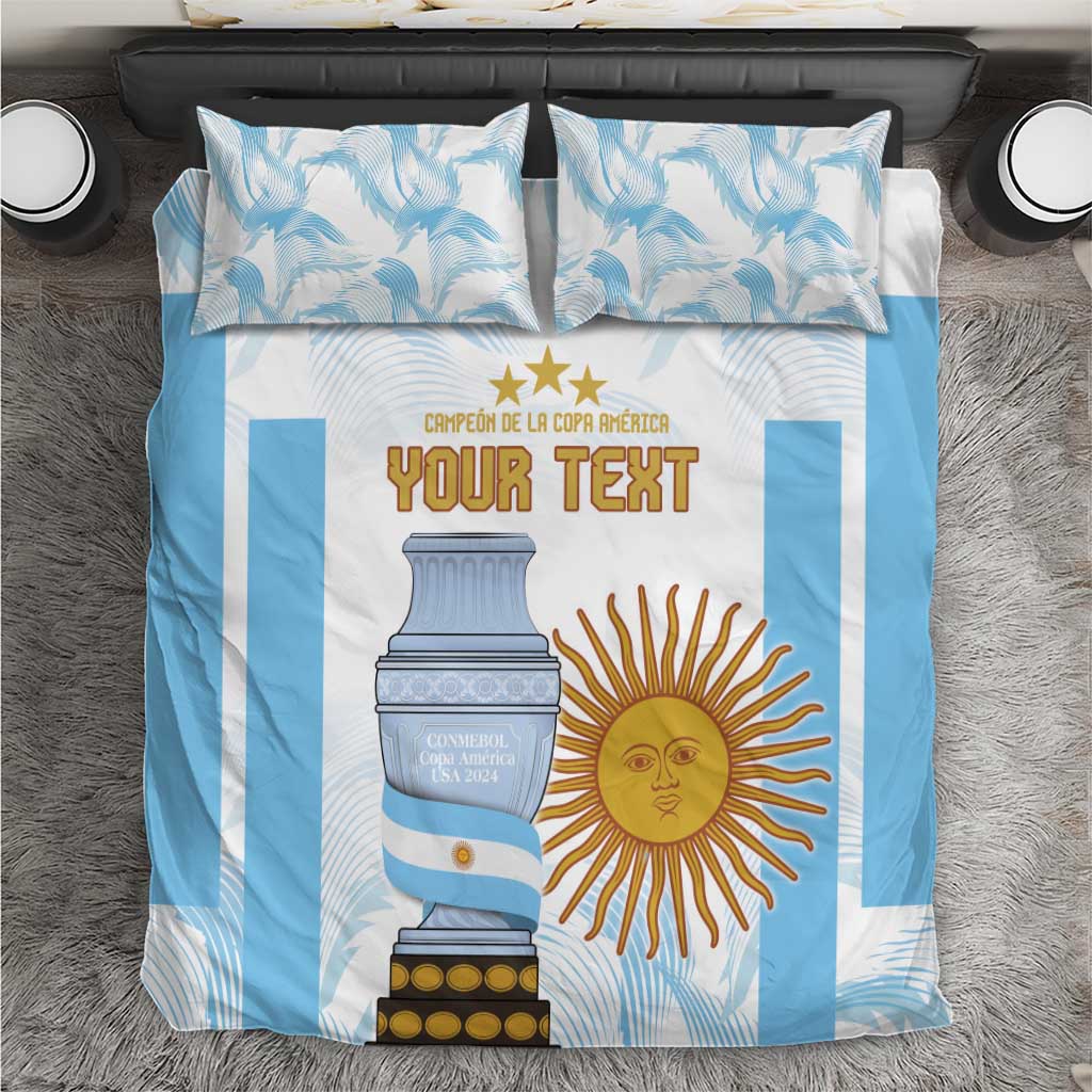 Argentina champions bedding set close-up: blue trophy cup, sun design, duvet with two pillowcases