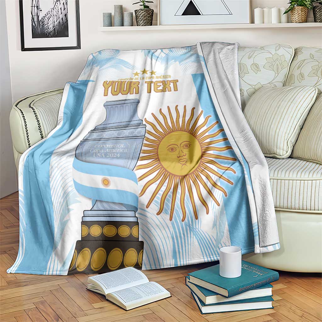 Argentina football custom blanket, light blue and white with trophy illustration, sun, and “YOUR TEXT”