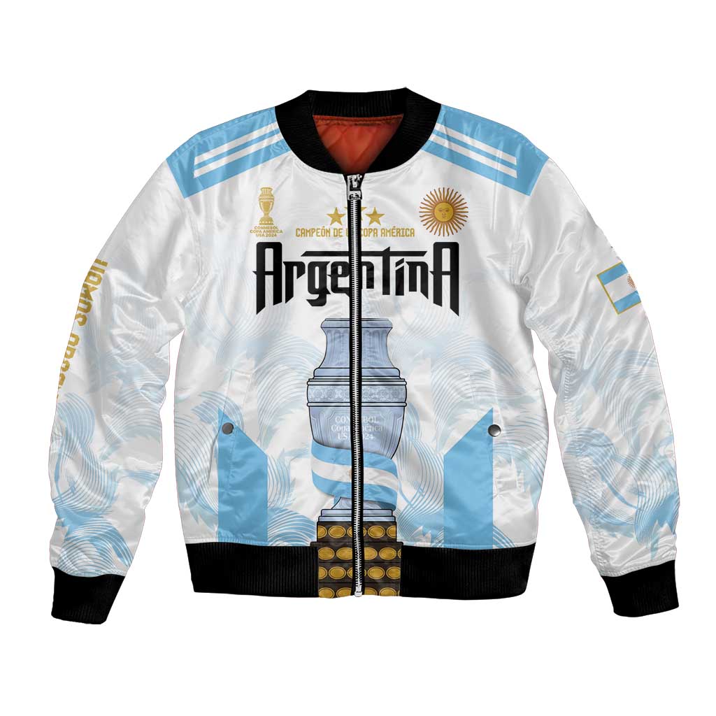 White and light-blue Argentina trophy graphic bomber jacket with ribbed cuffs and collar