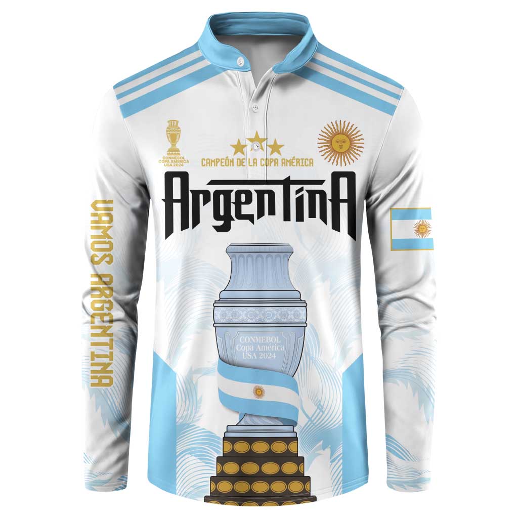 White zip-up button sweatshirt with light blue stripes and Argentina trophy front print