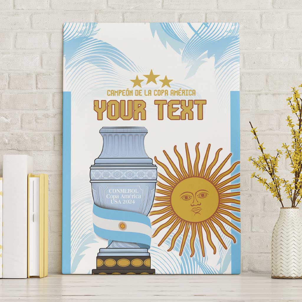Custom canvas wall art featuring trophy, sun emblem, and “YOUR TEXT” centered on a blue-white design