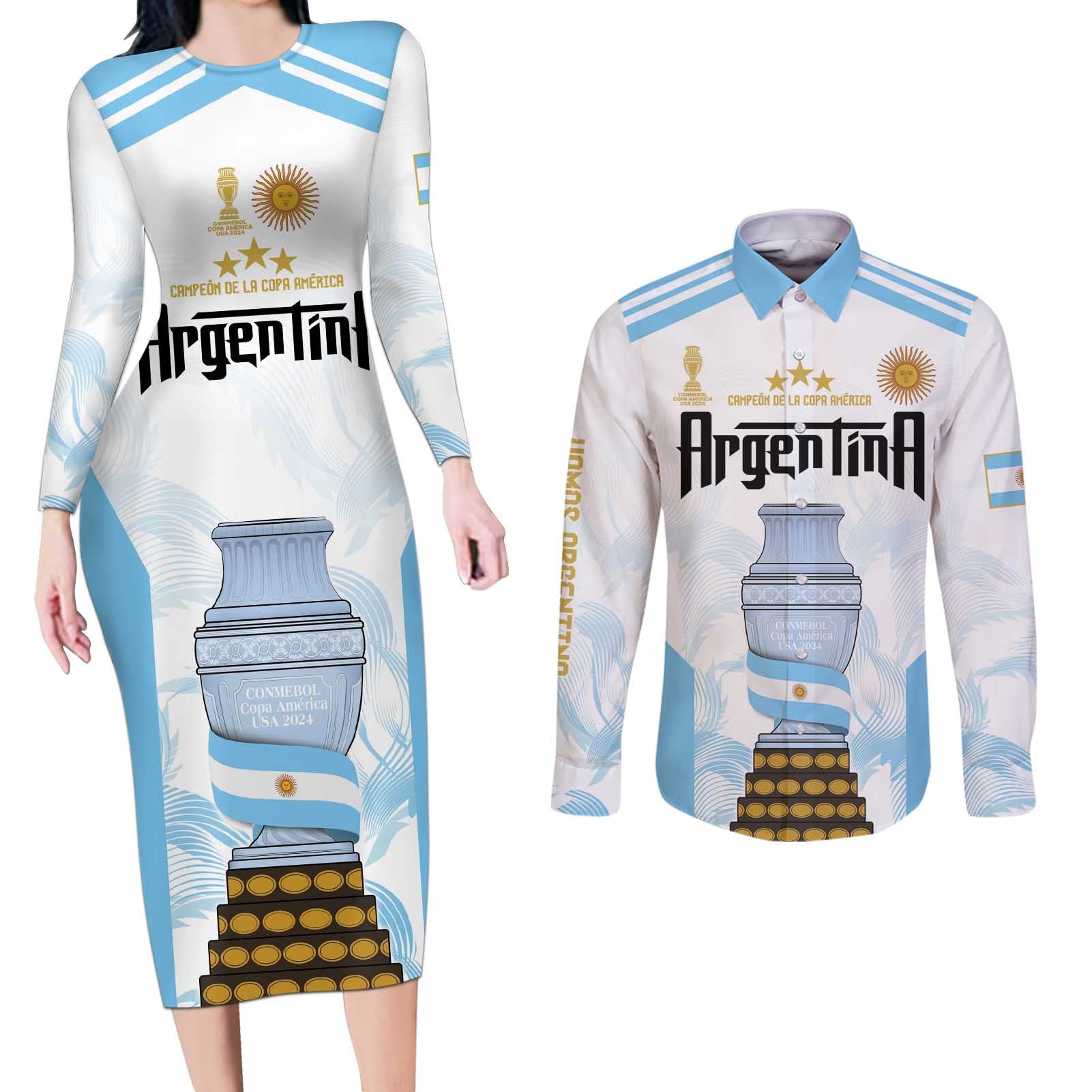 Argentina Champions Football Custom Couples Matching Long Sleeve Bodycon Dress and Long Sleeve Button Shirt Campeon de America LT9 - Wonder Print Shop