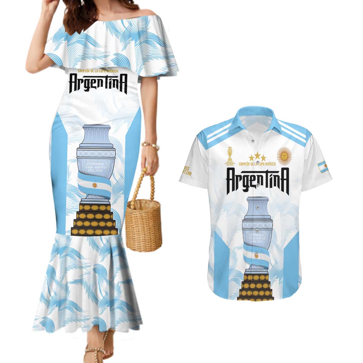 Argentina Champions Football Custom Couples Matching Mermaid Dress and Hawaiian Shirt Campeon de America LT9 - Wonder Print Shop