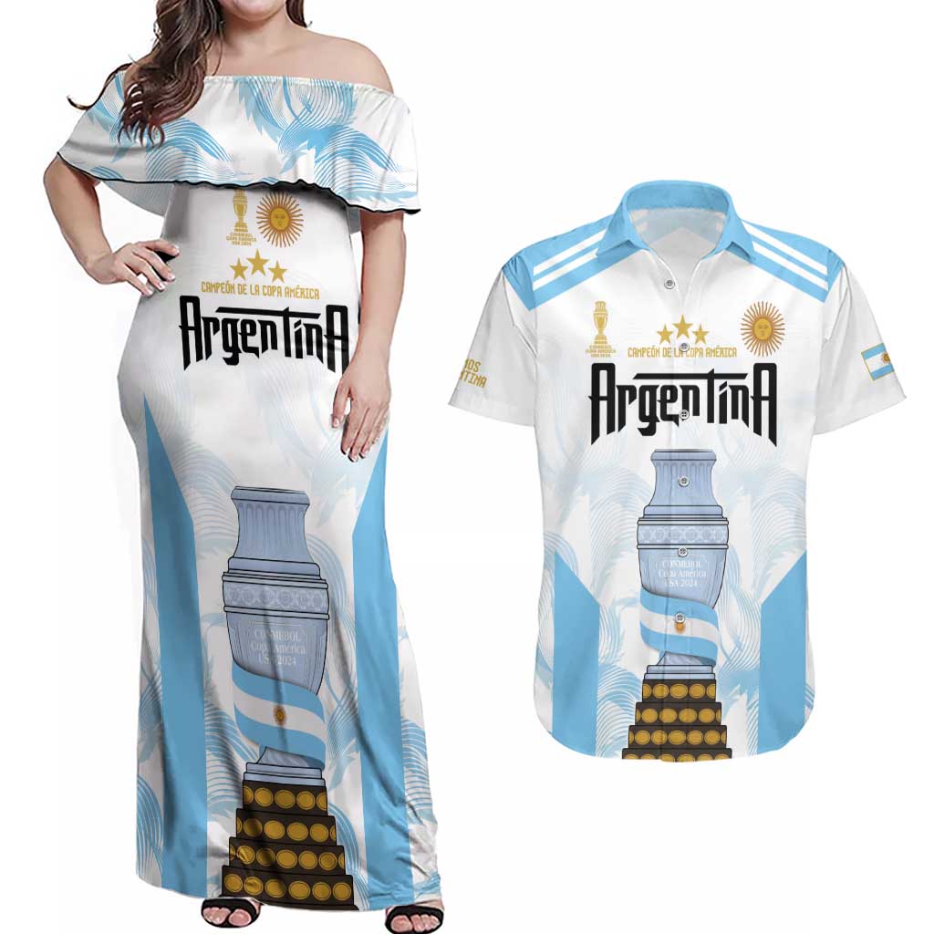 Argentina Champions Football Custom Couples Matching Off Shoulder Maxi Dress and Hawaiian Shirt Campeon de America LT9 - Wonder Print Shop