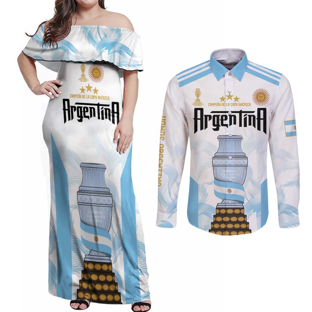 Argentina Champions Football Custom Couples Matching Off Shoulder Maxi Dress and Long Sleeve Button Shirt Campeon de America LT9 - Wonder Print Shop