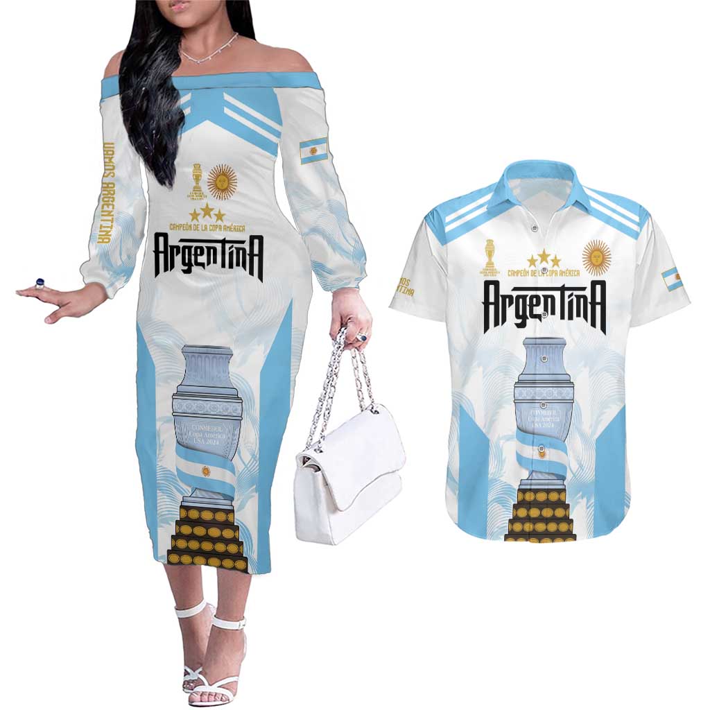 Argentina Champions Football Custom Couples Matching Off The Shoulder Long Sleeve Dress and Hawaiian Shirt Campeon de America LT9 - Wonder Print Shop