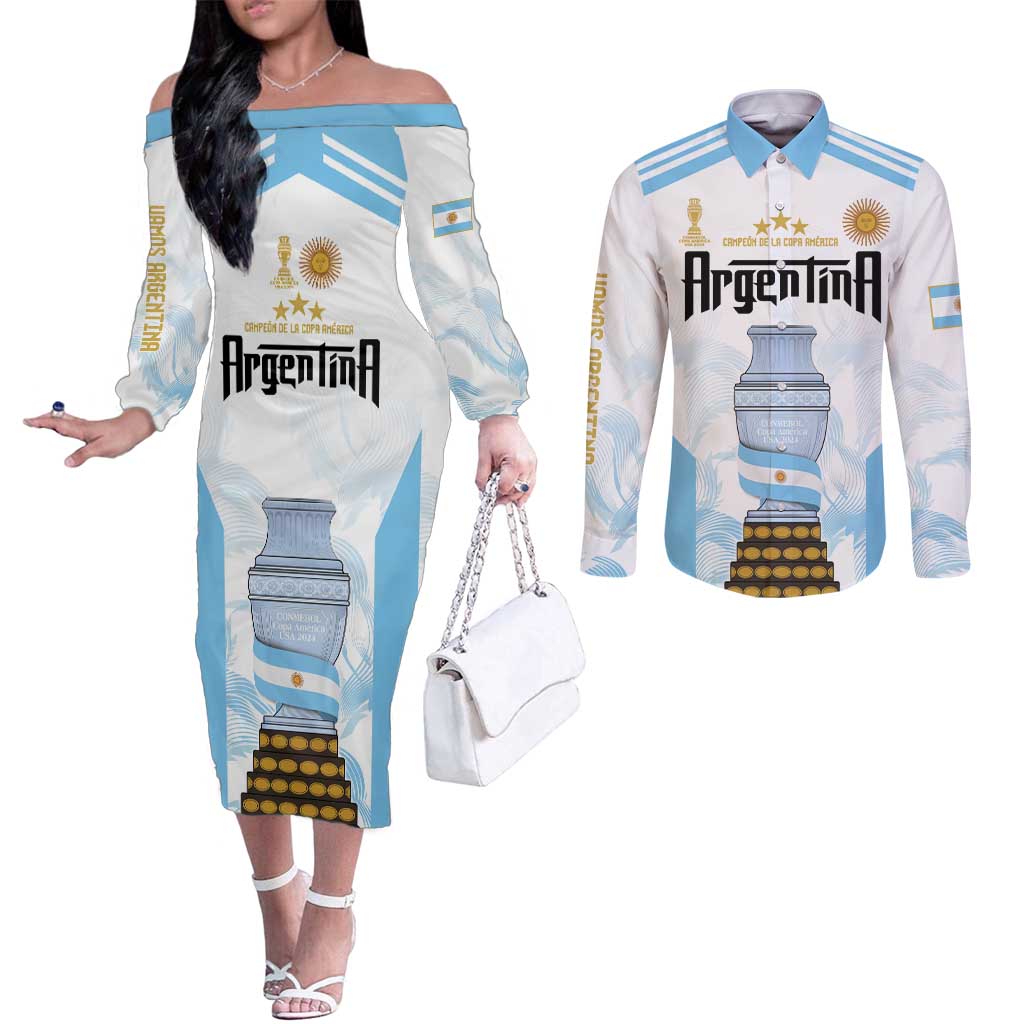 Argentina Champions Football Custom Couples Matching Off The Shoulder Long Sleeve Dress and Long Sleeve Button Shirt Campeon de America