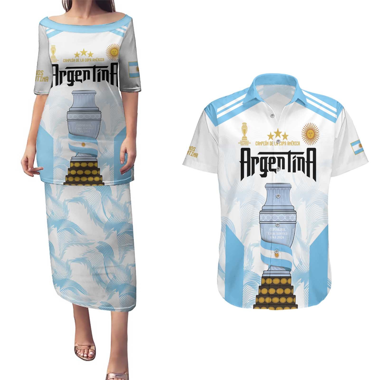 Argentina Champions Football Custom Couples Matching Puletasi and Hawaiian Shirt Campeon de America LT9 - Wonder Print Shop