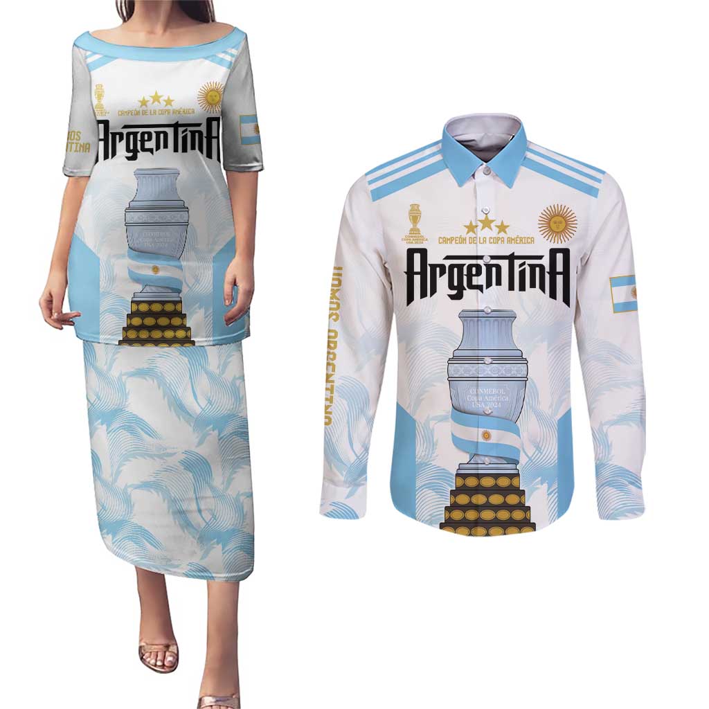 Argentina Champions Football Custom Couples Matching Puletasi and Long Sleeve Button Shirt Campeon de America LT9 - Wonder Print Shop