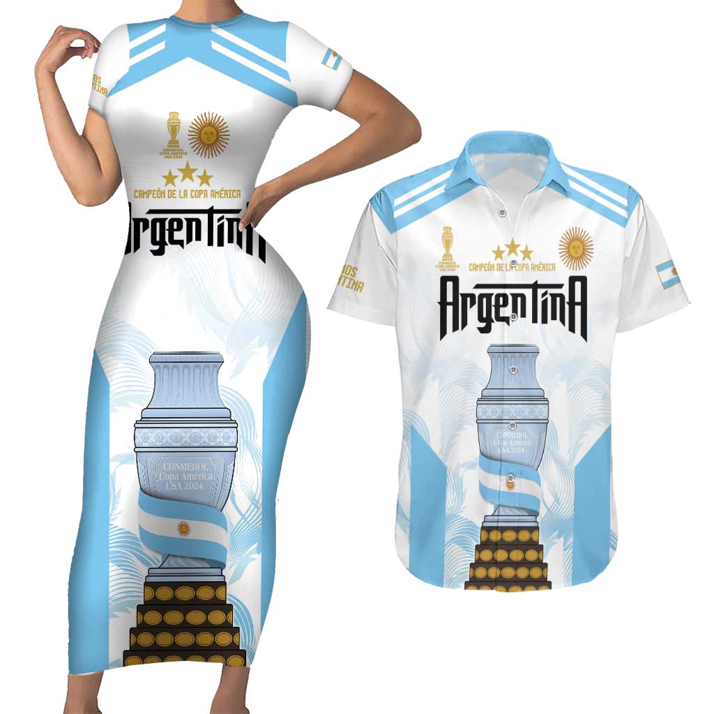 Argentina Champions Football Custom Couples Matching Short Sleeve Bodycon Dress and Hawaiian Shirt Campeon de America LT9 - Wonder Print Shop