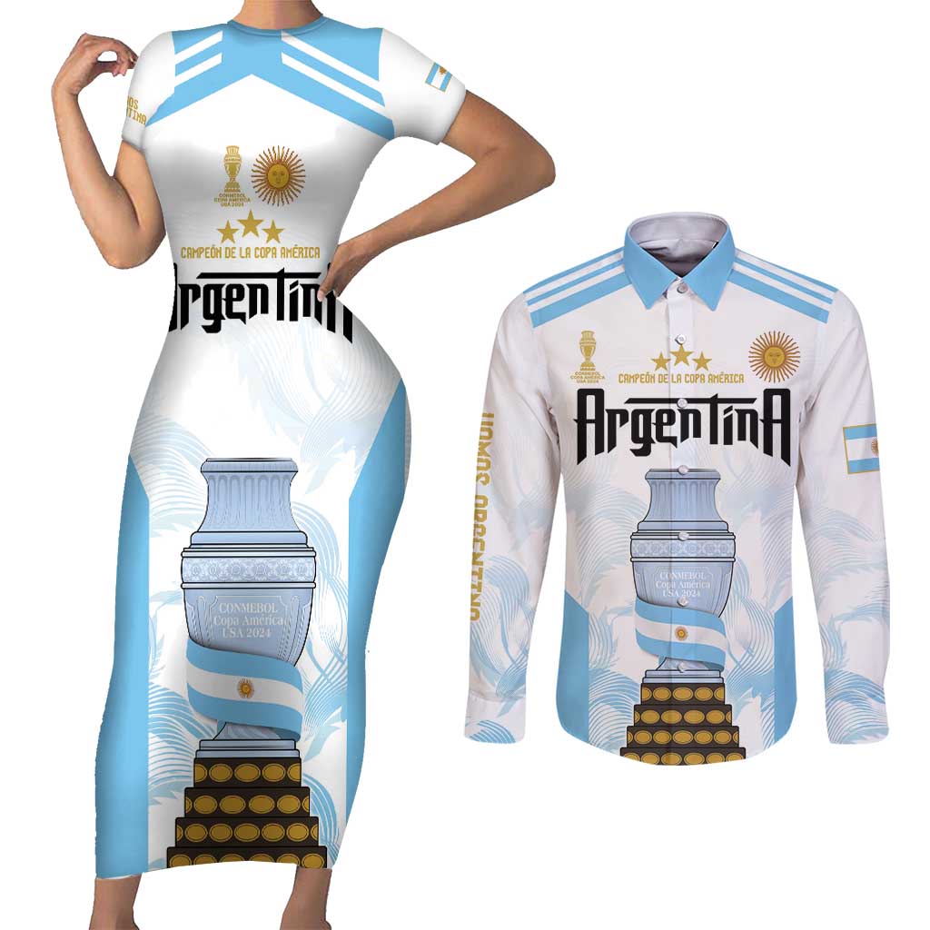 Argentina Champions Football Custom Couples Matching Short Sleeve Bodycon Dress and Long Sleeve Button Shirt Campeon de America LT9 - Wonder Print Shop