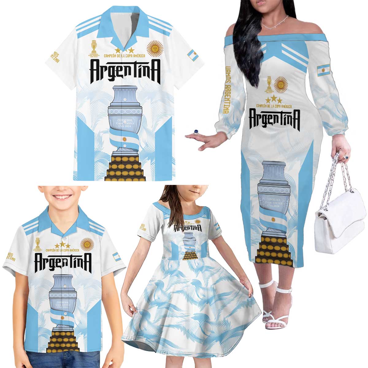 Argentina Champions Football Custom Family Matching Off The Shoulder Long Sleeve Dress and Hawaiian Shirt Campeon de America - Wonder Print Shop