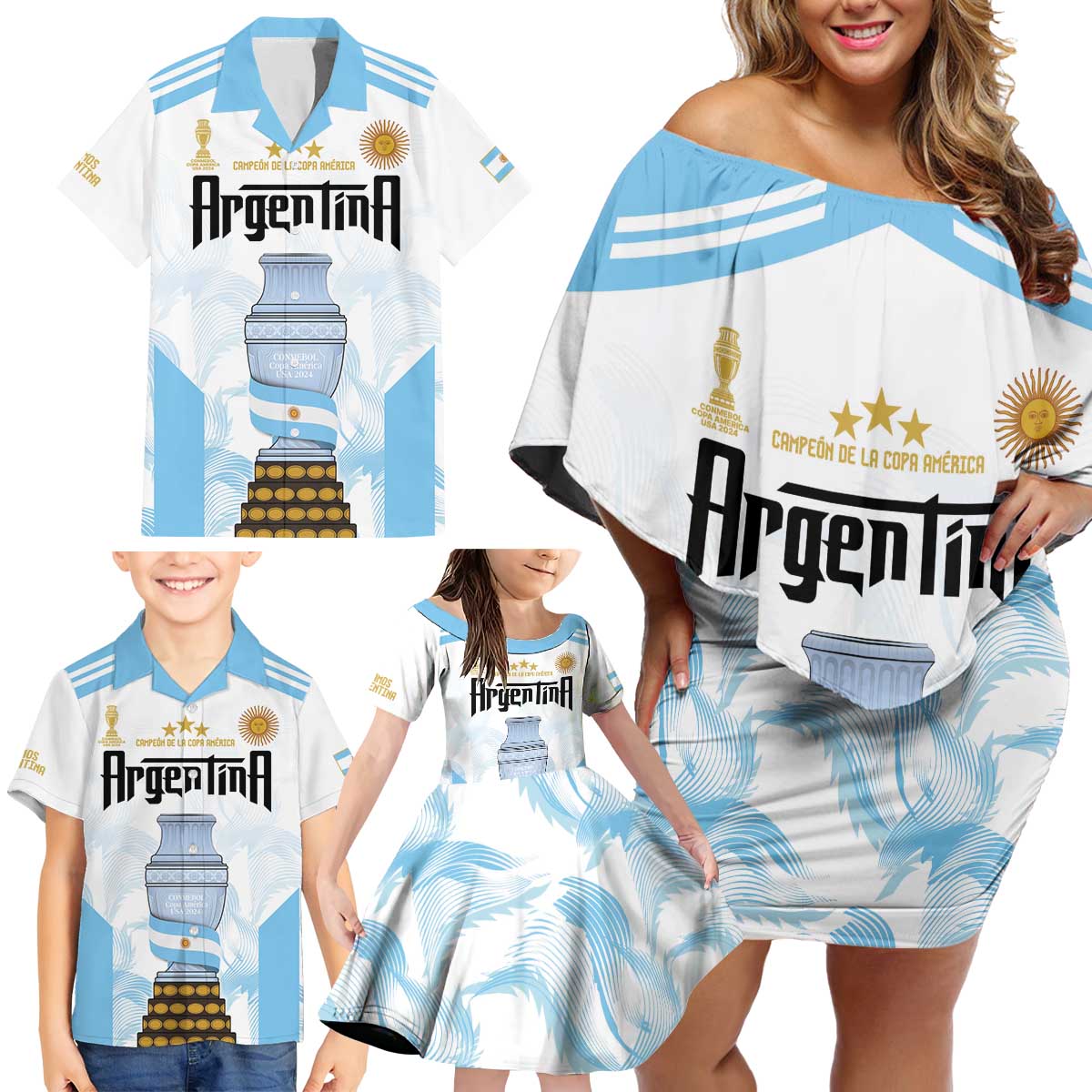 Argentina Champions Football Custom Family Matching Off Shoulder Short Dress and Hawaiian Shirt Campeon de America LT9 - Wonder Print Shop