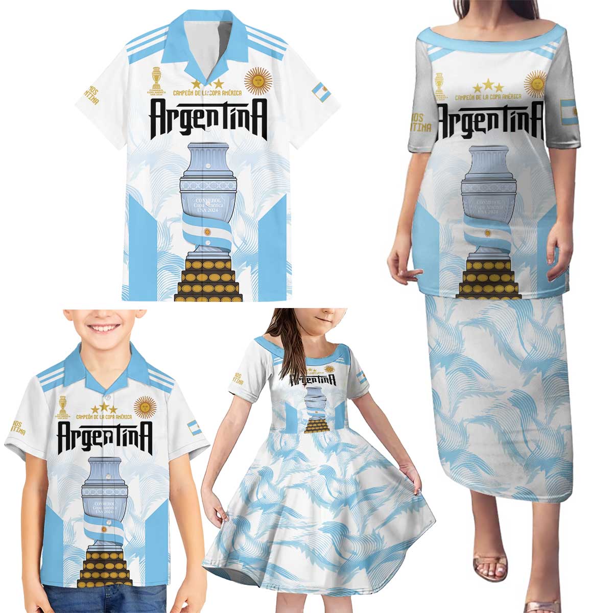 Argentina Champions Football Custom Family Matching Puletasi and Hawaiian Shirt Campeon de America - Wonder Print Shop