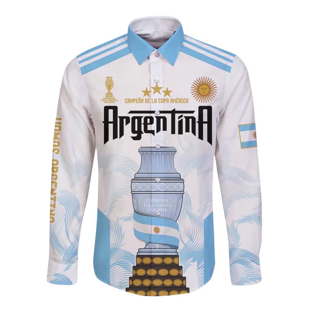 White long-sleeve button shirt with blue graphic trophy and Argentina crest