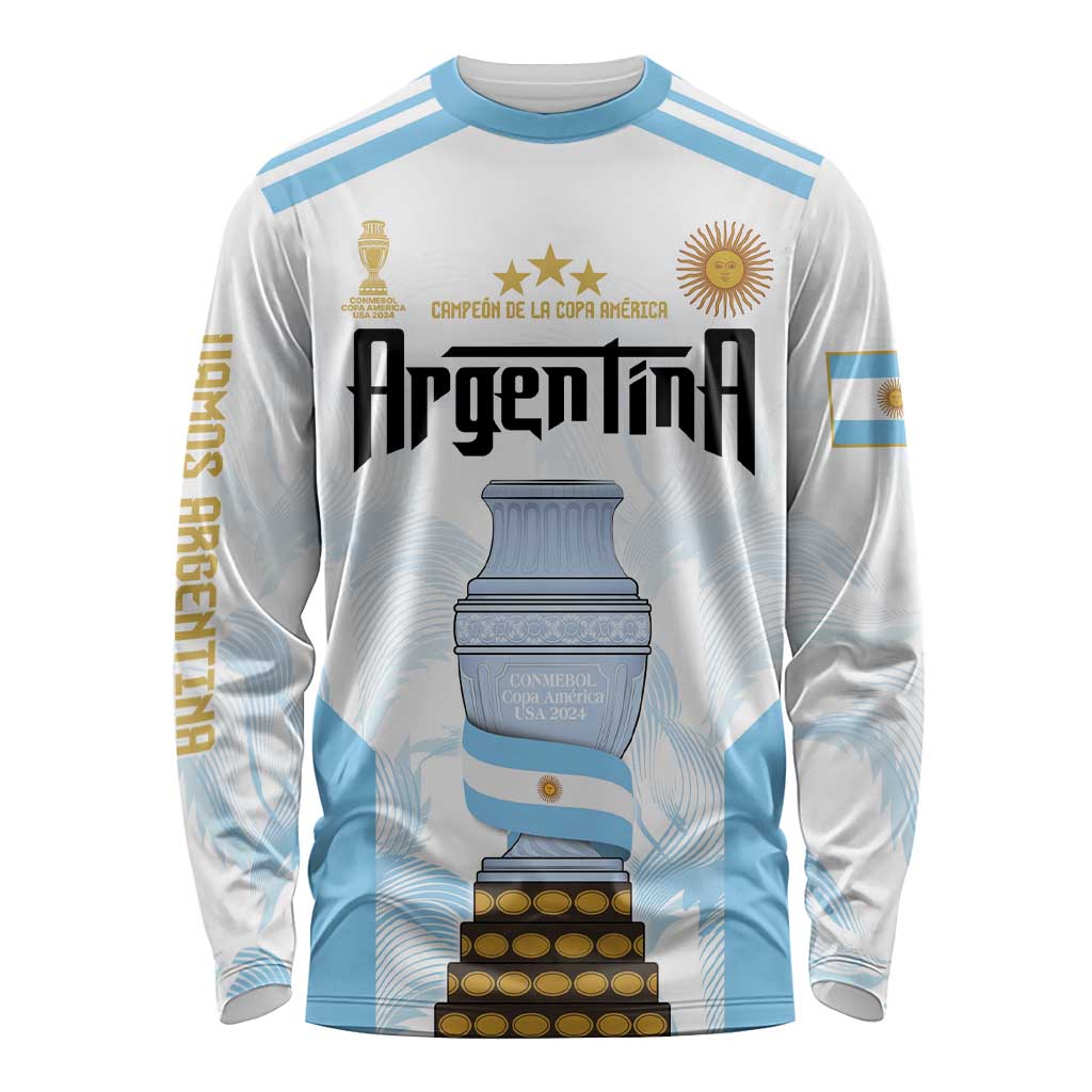 White and light-blue long sleeve soccer shirt with trophy graphic and Argentina lettering