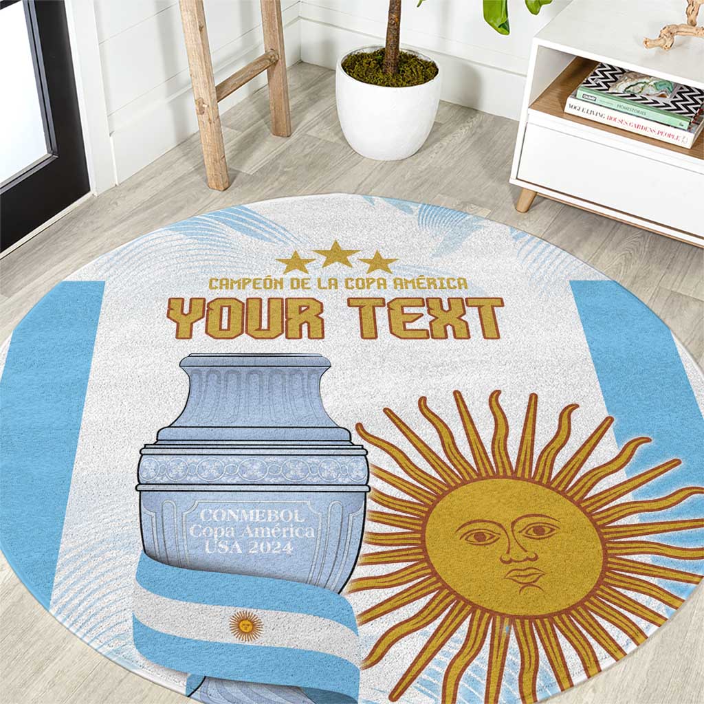 Round blue-and-white custom football rug with trophy, sun graphic, and your text