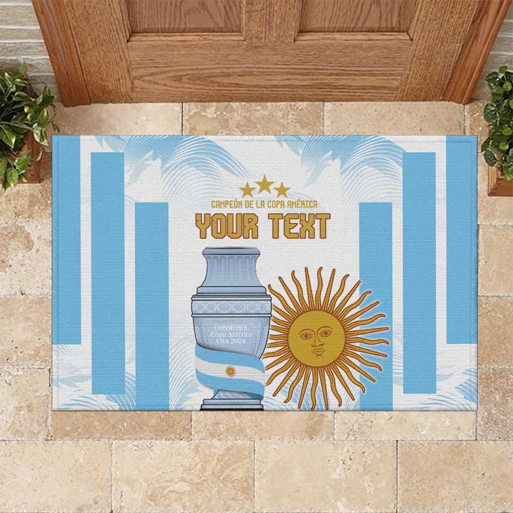 Custom Argentina champions rubber doormat with blue stripes, trophy column, and sun