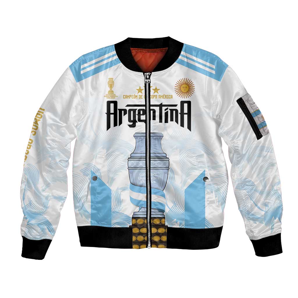 White zip bomber jacket with Argentina front graphic, blue stripes, black cuffs and hem