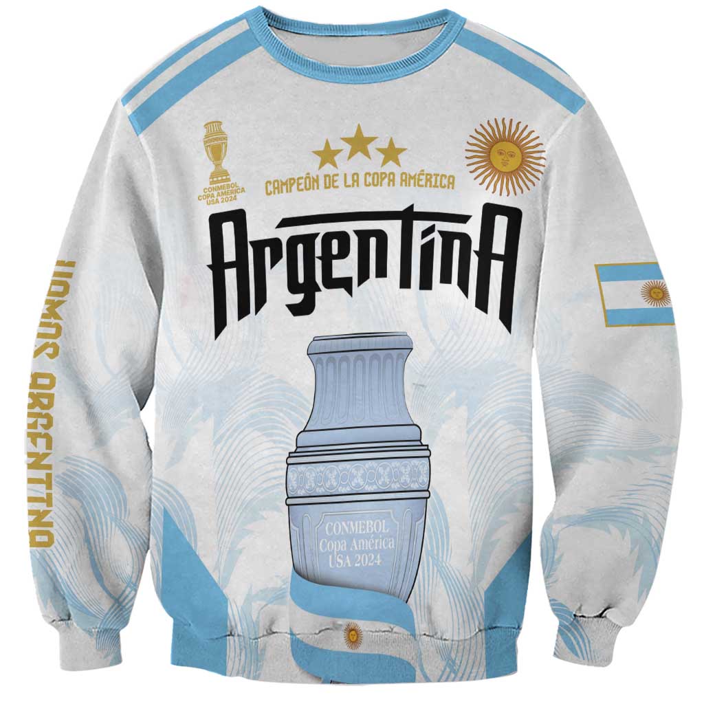 Light gray custom sweatshirt with sky-blue trim, cup graphic, and Copa America text
