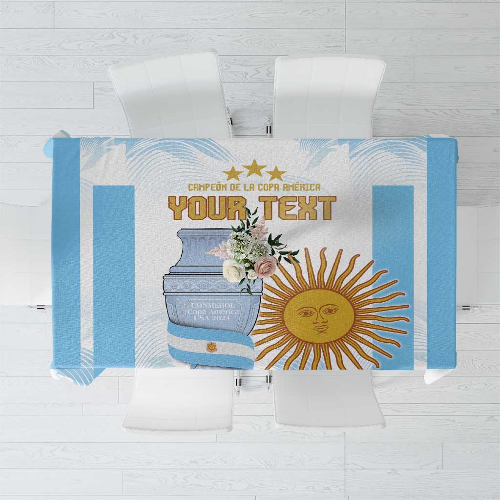 Blue custom tablecloth with “YOUR TEXT” area, trophy and sun graphic