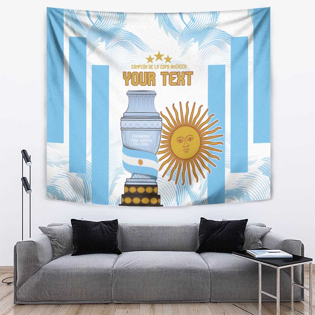Argentina-themed football tapestry wall hanging: trophy, sun crest, stars, “YOUR TEXT”