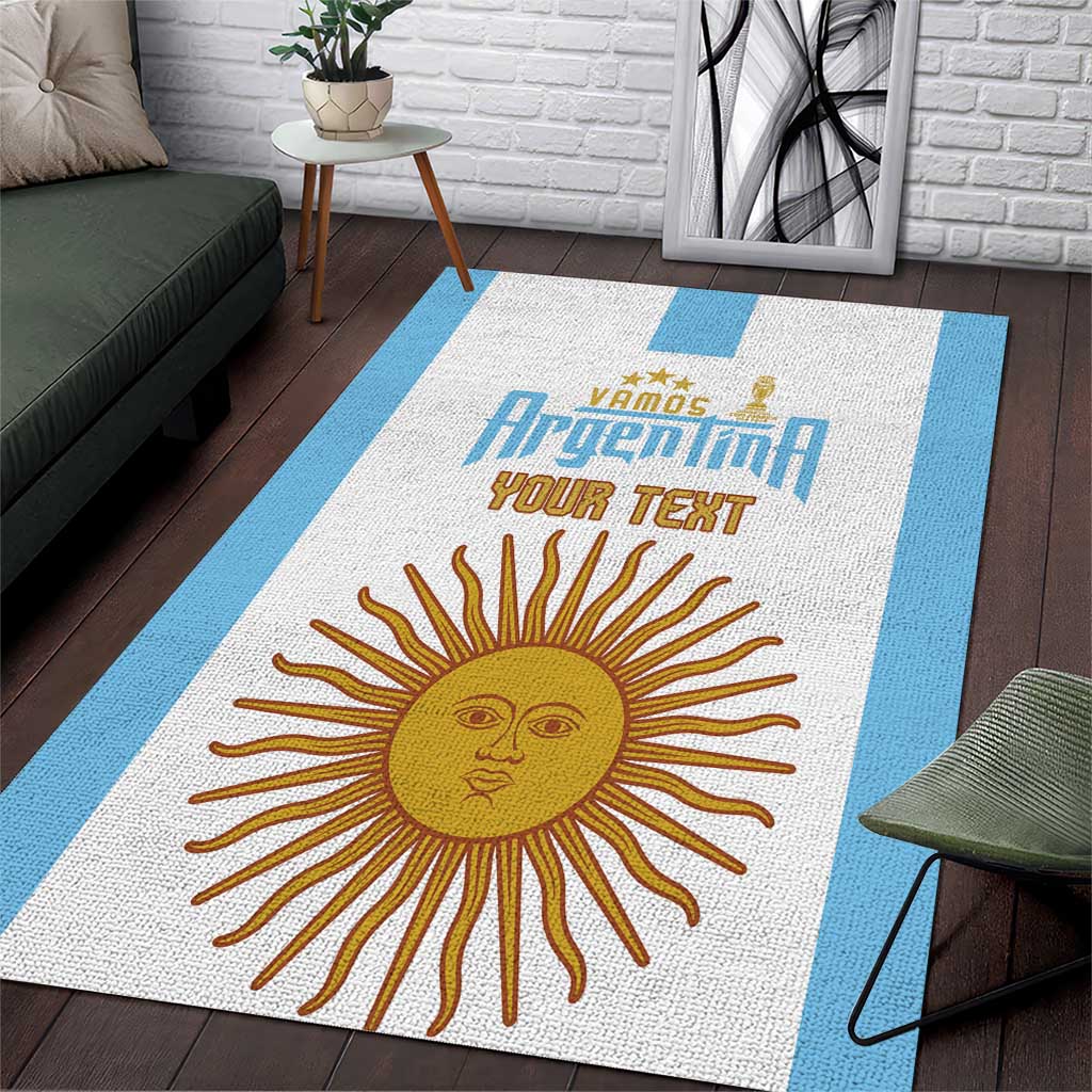 White and sky-blue area rug with sun design and Argentina-themed custom text